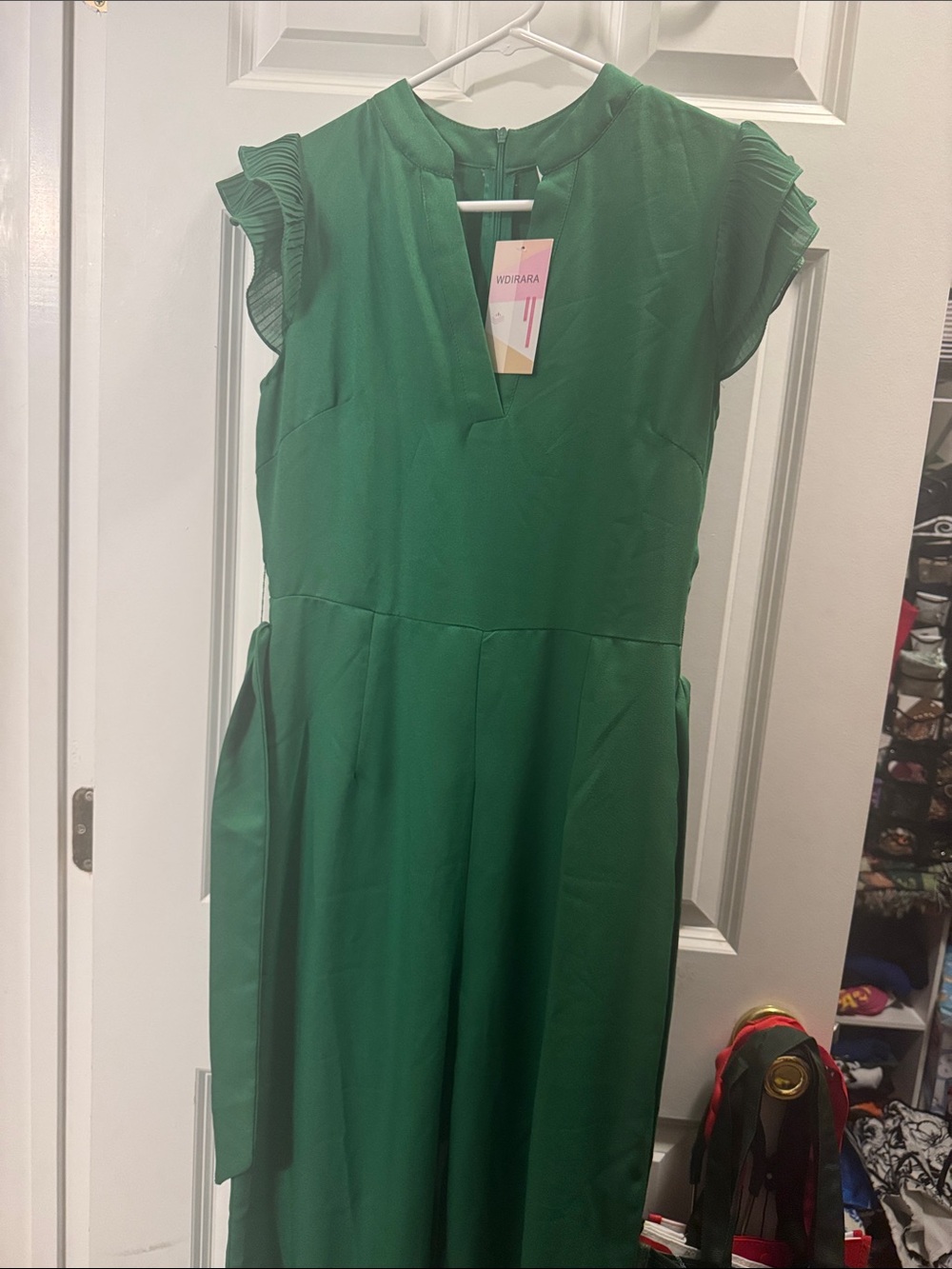 Midi Jumpsuit with Ruffle Cap Sleeves in Emerald Green